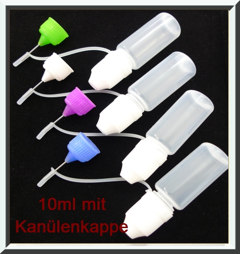 10 ml Tropf-Flasche mit Kanülenkappe, blau, weiß, lila und grün 10 ml Tropf-Flasche mit Kanülenkappe, blau, weiß, lila und grün